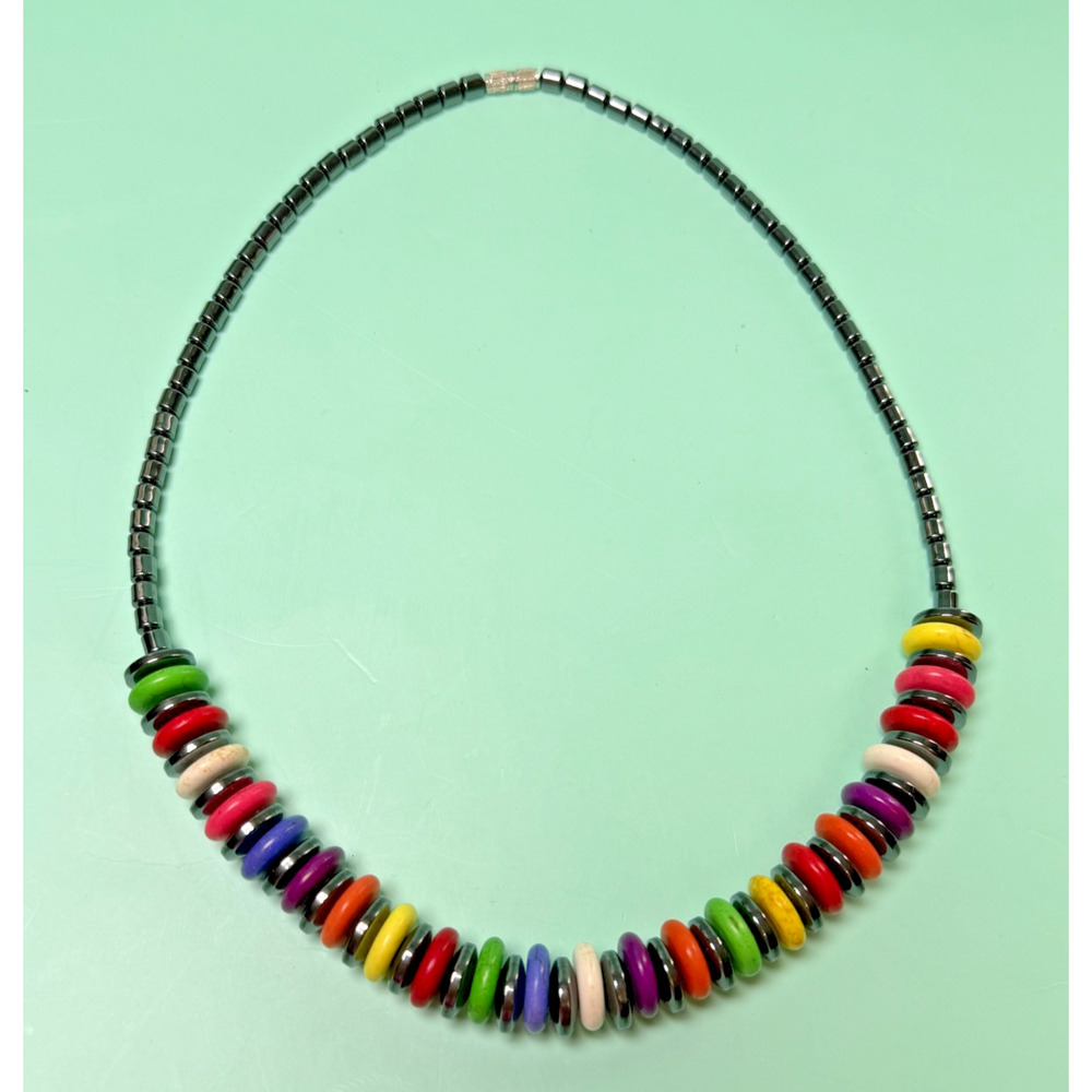 Hematite Stone 17" Colors of the Rainbow Magnetic Therapy Necklace Barrel Clasp - Picture 4 of 5